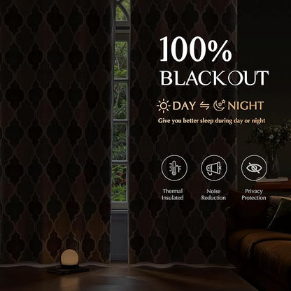 Beauoop 100% Blackout Curtains 72 Inches Long 2 Panels for Bedroom Living Room Brown Grey Moroccan Geo Room Darkening Thermal Insulated Soundproof Grommet Top Window Treatments Drapes, 50x72 Set of 2