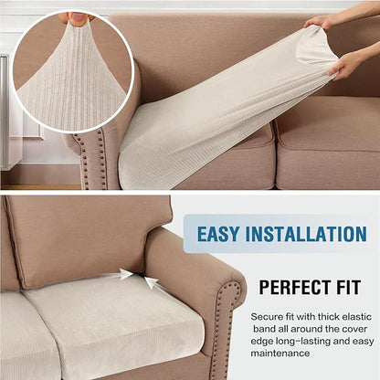 H.VERSAILTEX Velvet Stretch Couch Cushion Cover Plush Cushion Slipcover for Chair Loveseat Sofa Cushion Furniture Protector Seat Cushion Sofa Cover (2 Piece Medium Sofa Cushion Covers, Ivory Striped)