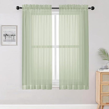 OWENIE Sheer Curtains 63 inch Length 2 Panels Set, Rod Pocket Voile Fimly Sheer Drapes for Living Room/Bedroom, 2pcs, Each 42" W x 63" L, Light Green