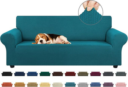 KEKUOU Stretch Sofa Cover Slipcover ，Couch Covers for 3 Cushion Couch Sofa pet Friendly (78"-94") Furniture Protector Sofa with Elastic Bottom for Kids,Dog, Jacquard Small Checked(Large,Peacock Blue)