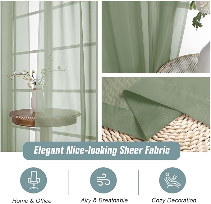 Extra Wide Sheer Sage Green Curtains 84 Inches Long 2 Panels, Soft Airy Transparent Light Filtering Elegant Patio Curtains for Sliding Glass Door, Top Dual Rod Pocket Design, 2x59Wx84L Inches