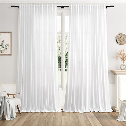 Extra Wide Linen Curtains for Living Room 102 Inch for Bedroom Divider Off White Rustic Farmhouse Drape Rod Pocket Back Tab Light Filtering Dinner/Office Window Curtain for Sliding Door，2 Panles