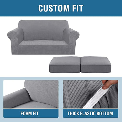 H.VERSAILTEX 3 Piece Stretch Sofa Covers for 2 Cushion Loveseat Couch Covers for Living Room Sofa Slipcovers (Base Cover Plus 2 Seat Cushion Covers) Thicker Jacquard Fabric(Medium Sofa, Dove)
