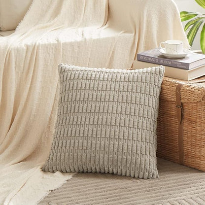 Fancy Homi 4 Packs Neutral Big Decorative Throw Pillow Covers 24x24 Inch for Living Room Couch Bed Sofa, Rustic Farmhouse Boho Home Decor, Soft Plush Striped Corduroy Square Cushion Case 60x60 cm