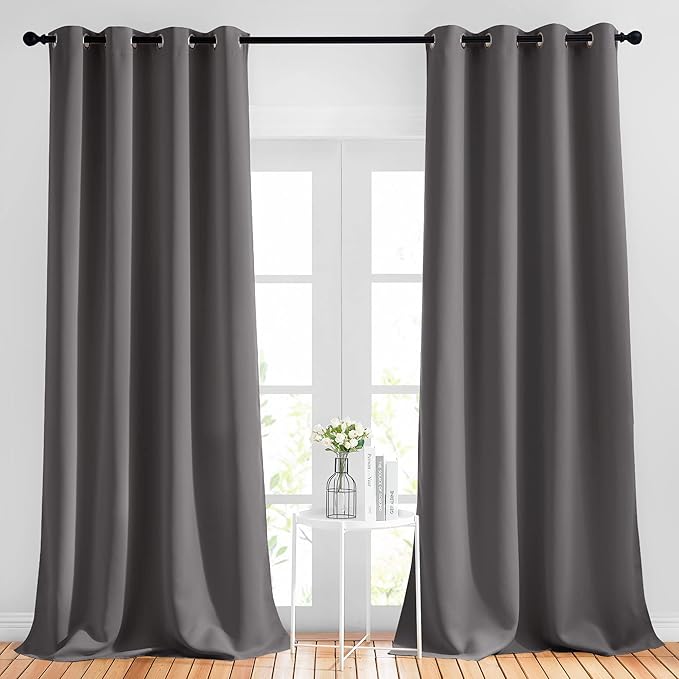 NICETOWN Grey Bedroom Curtains Blackout 96 inches Long, Grommet Energy Saving Thermal Drapes Room Darkening Sound Dampening Window Treatments for Living Room, W52 x L96, 2 Panels
