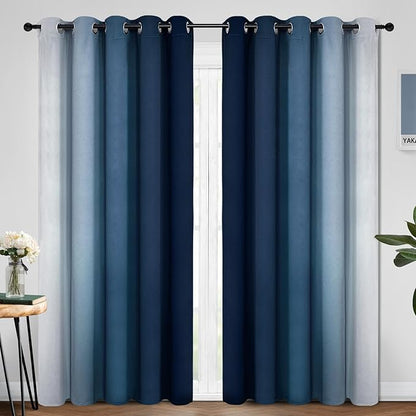 Yakamok Blue and Greyish White Ombre Curtains, Room Darkening Gradient Color Curtains for Bedroom, Light Blocking Thermal Insulated Window Drapes for Living Room(2 Panels, 70x84 Inch)