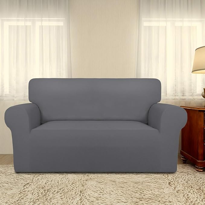 PureFit Super Stretch Sofa Slipcover – Spandex Non Slip Soft Couch Sofa Cover, Washable Furniture Protector with Non Skid Foam and Elastic Bottom for Kids, Pets （Loveseat, Gray ）