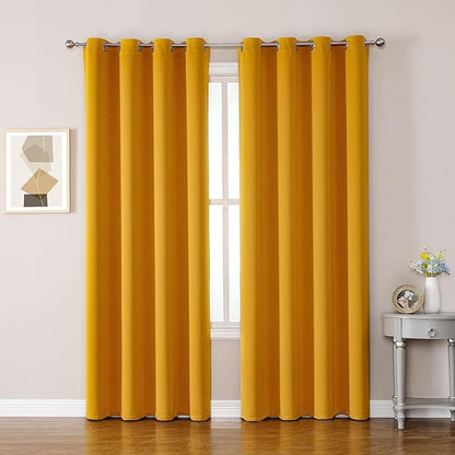 ChrisDowa Grommet Room Darkening Curtains for Bedroom and Living Room - 2 Panels Set Thermal Insulated Blackout Curtains (Mustard Yellow, 52W x 95L)