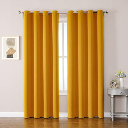 ChrisDowa Room Darkening Curtains 120 Inches Long 2 Panels Set for Living Room, Grommet Thermal Insulated Blackout Curtains for Bedroom (Mustard Yellow, 52 x 120 Inch)