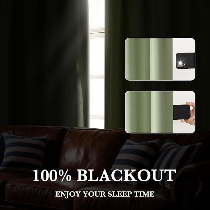 RYB HOME 100% Blackout Short Curtains for Small Window, Thermal Insulated Total Room Darkening Noise Reducing Curtains for Basement Bathroom Basement, 29 inches Wide by 45 inches Long, Sage Green