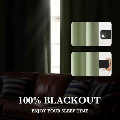 RYB HOME 100% Blackout Bathroom Curtains Over Sink 24 inches Long, Heat & UV Blocking Total Room Darkening Noise Reducing Curtains for Basement RV Campers, Sage Green, 2 Panels Set