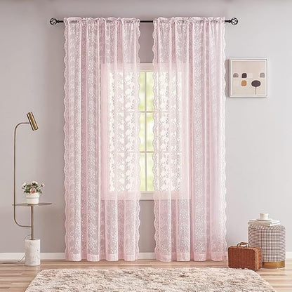 YJ YANJUN Vintage Lace Curtains 90 Inches Long-Victorian Floral Pattern Light Pink Sheer Curtain Panels for Baby Girls Room Feminine Flowy Cute Girly Classroom Princess Decor 2 Panels 52W x 90L