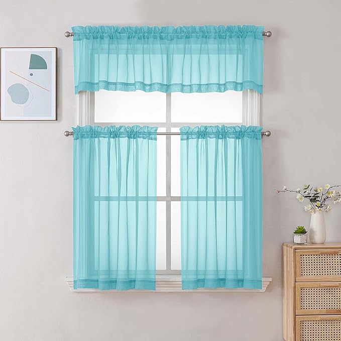Chyhomenyc Aqua Sheer Curtains 30 inch Length 2 Panels, Light Filtering Voile Rod Pocket Short Window Curtians for Bathroom Living Room Farmhouse Small Windows, 42Wx30L inches