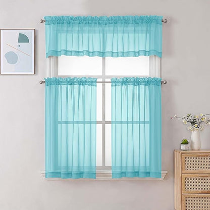 Chyhomenyc Aqua Sheer Curtains 30 inch Length 2 Panels, Light Filtering Voile Rod Pocket Short Window Curtians for Bathroom Living Room Farmhouse Small Windows, 42Wx30L inches