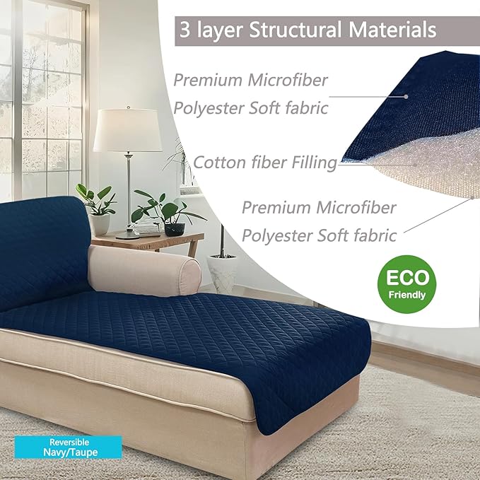 U-NICE HOME Sectional Couch Cover for Dogs Pets Chaise Lounge Reversible Sofa Cover Furniture Protector with Elastic Adjustable Strap, Navy/Taupe