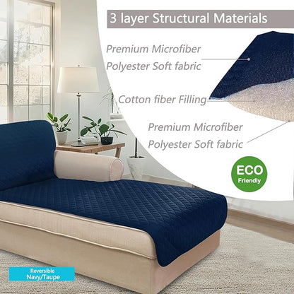 U-NICE HOME Sectional Couch Cover for Dogs Pets Chaise Lounge Reversible Sofa Cover Furniture Protector with Elastic Adjustable Strap, Navy/Taupe