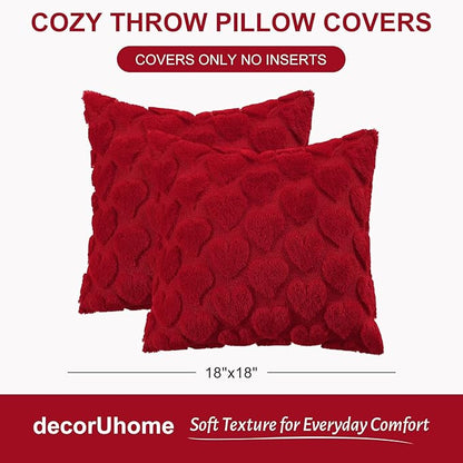 decorUhome Valentine’s Day Soft Plush Throw Pillow Covers 20x20 Inch Set of 2, Faux Fur Red Heart Decoration Neutral Square Pillow Covers for Couch Sofa Bed Cozy Farmhouse Holiday Decor