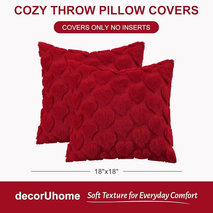 decorUhome Valentine’s Day Soft Plush Throw Pillow Covers 18x18 Inch Set of 2, Faux Fur Red Heart Decoration Neutral Square Pillow Covers for Couch Sofa Bed Cozy Farmhouse Holiday Decor