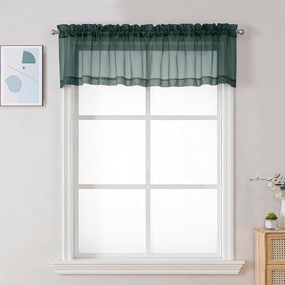 Chyhomenyc Sheer Valances for Windows 2 Pack, Small Window Curtains for Living Room Bathroom Cafe Laundry Basement, Modern Top Dual Rod Pocket Voile Curtain, 42W x 18L inches, Hunter Green