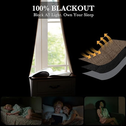 RYB HOME Coffee 100% Blackout Linen Curtains 72 inch Long, Thermal Insulated & Privacy Assurd Drapes for Bedroom/Office/Nursery, Rod Pocket & Back Tab Window Treatment, W52 X L72, 2 Panels