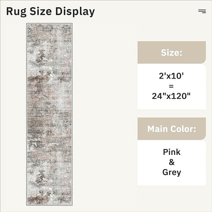 Runner Rug 2x10 Washable Non-Slip Hallway Runner Rugs for Kitchen Bathroom Laundry Room Pink/Grey Vintage Floor Carpet Runners for Hallways Entryway