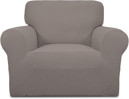 Easy-Going Stretch Chair Sofa Slipcover 1-Piece Couch Sofa Cover Furniture Protector Soft with Elastic Bottom for Kids, Pet. Spandex Jacquard Fabric Small Checks (Chair, Taupe)