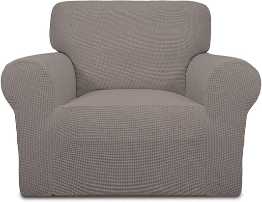 Easy-Going Stretch Chair Sofa Slipcover 1-Piece Couch Sofa Cover Furniture Protector Soft with Elastic Bottom for Kids, Pet. Spandex Jacquard Fabric Small Checks (Chair, Taupe)