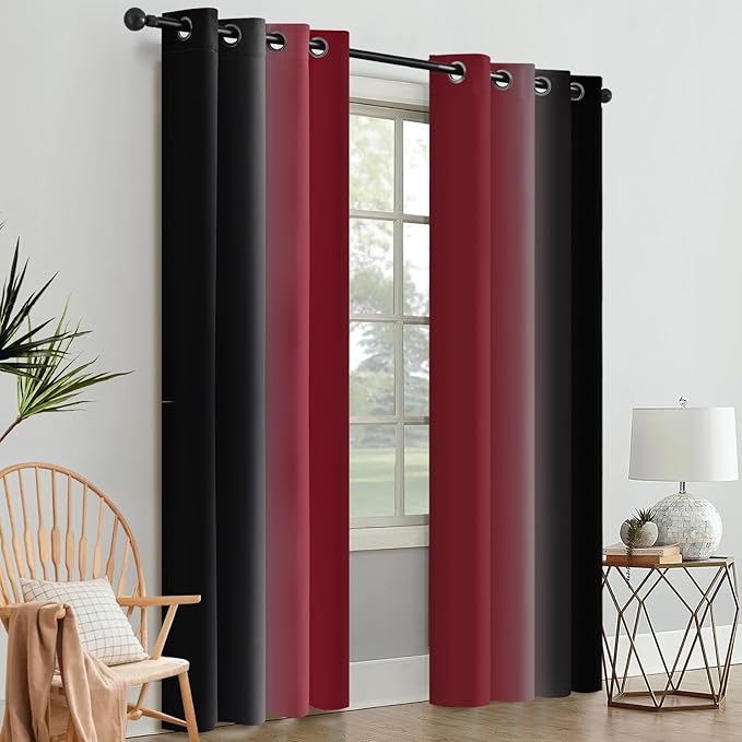 SimpleHome Ombre Room Darkening Curtains 84 inches Length for Bedroom,Grommet Gradient Light Blocking Burgundy and Black Gradient Window Curtains for Living Room,2 Panels, 52x84 inches