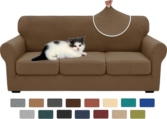 XINEAGE New 4 Pieces Couch Covers for 3 Cushion Couch Super Stretch Thick Soft Sofa Cover Anti Slip Sofa Slipcover Dogs Cats Furniture Protector (Brown, 71"-91")