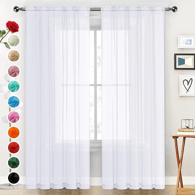 SpaceDresser Sheer Voile Window Treatment Rod Pocket Curtain Panels for Kitchen Bedroom Living Room Drapes Sunlight Filtering Privacy Semi Home Decor Assorted Colors Sizes (Optical White, 52 W x 72 L)