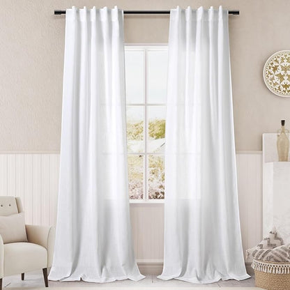 White Linen Curtains 84 Inches Long for Bedroom Back Tab Light Filtering Privacy Sheer Curtains Modern Farmhouse Coastal Decor White Cotton Textured Gauze Curtain for Living Room 2 Panel Set 36x84