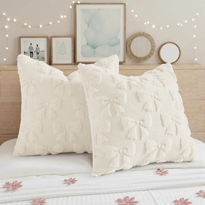 decorUhome Cream White Bow Pillow Covers Set of 2 Coquette Aesthetic Cute Preppy Plush Faux Pillowcases for Girly Bedroom or Couch 16x16 Inch