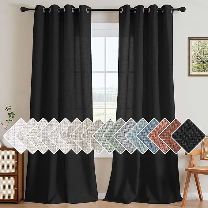 H.VERSAILTEX Living Room Linen Curtains Home Decorative Nickel Grommet Curtains Privacy Added Energy Saving Light Filtering Window Treatments Panels for Bedroom, Heather Black, 2 Panels, 52 x 84 Inch