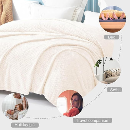 Exclusivo Mezcla Fleece Queen Size Blanket for Bed, 90x90 Inches Soft Cozy Jacquard Flannel Blankets, Lightweight Fuzzy Plush Warm for Women, Off White