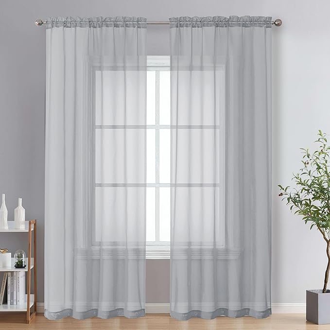 OVZME Light Grey Sheer Curtains 84 Inches Long 2 Panels - Soft Light Filtering Window Sheer Panels for Living Room/Bedroom, Top Dual Rod Pocket, 1 Pair, Each 42Wx84L Inches