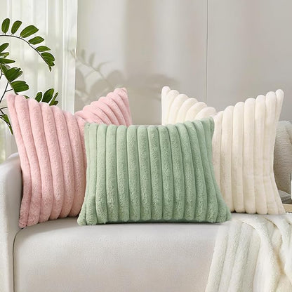 decorUhome Summer Cozy Faux Fur Throw Pillow Covers 12x20 Set of 2 Decorative Soft Plush Striped Lumbar Modern Farmhouse Boho Couch Pillow Cases with Velvet Back for Sofa Bed Living Room, Sage Green