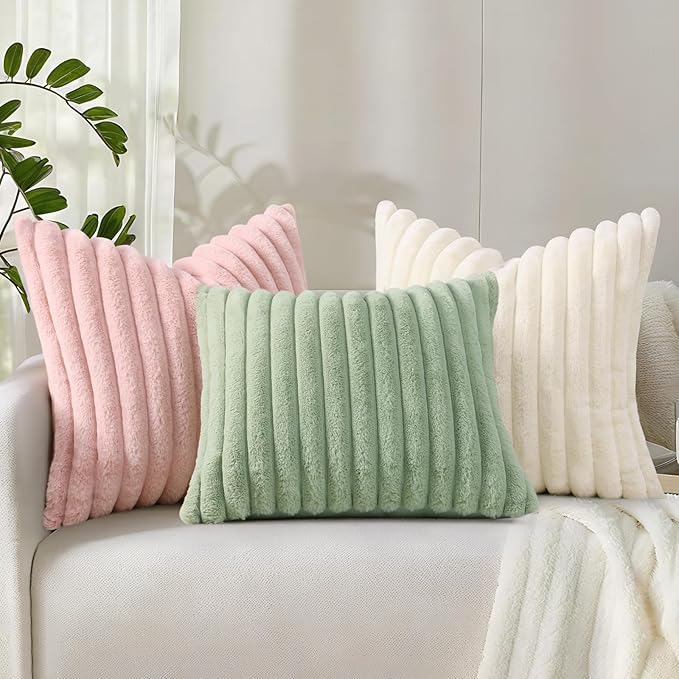 decorUhome Summer Cozy Faux Fur Throw Pillow Covers 12x20 Set of 2 Decorative Soft Plush Striped Lumbar Modern Farmhouse Boho Couch Pillow Cases with Velvet Back for Sofa Bed Living Room, Pink