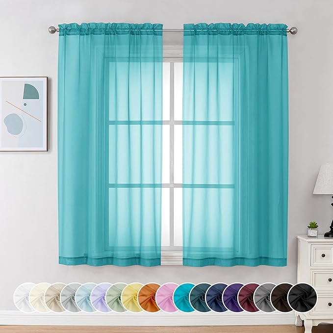 Chyhomenyc Turquoise Sheer Curtains 54 Inch Long 2 Panels, Light Filtering Rod Pocket Voile Short Curtains Drapes for Living Room Bedroom Small Windows, 42Wx54L Inches