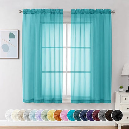 Chyhomenyc Turquoise Sheer Curtains 54 Inch Long 2 Panels, Light Filtering Rod Pocket Voile Short Curtains Drapes for Living Room Bedroom Small Windows, 42Wx54L Inches