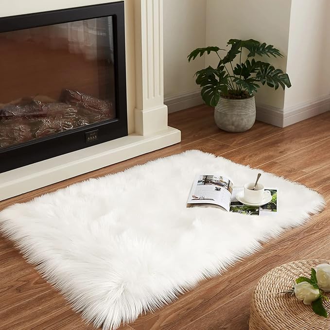 Goolela White Fluffy Faux Fur Rug for Bedroom Faux Sheepskin Rug 2x3 White Fuzzy Furry Bedside Carpet Dining Room Playroom Dorm Small Washable Rectangle