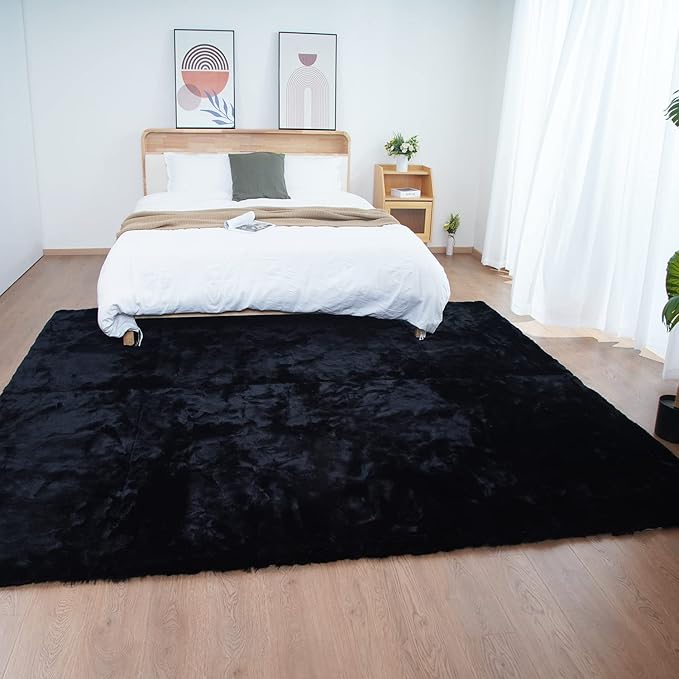 Ghouse Black Faux Rabbit Fur Rug 5x7 Machine Washable Area Rugs for Bedroom Fluffy Rugs for Living Room No-Shedding Carpet Sheepskin Rug