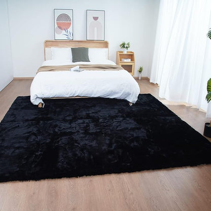 Ghouse Black Faux Rabbit Fur Rug 5x7 Machine Washable Area Rugs for Bedroom Fluffy Rugs for Living Room No-Shedding Carpet Sheepskin Rug