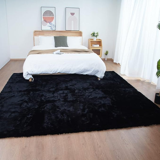 Ghouse Black Faux Rabbit Fur Area Rug 6x9 Machine Washable Area Rugs for Bedroom Fluffy Rugs for Living Room No-Shedding Carpet Sheepskin Rug