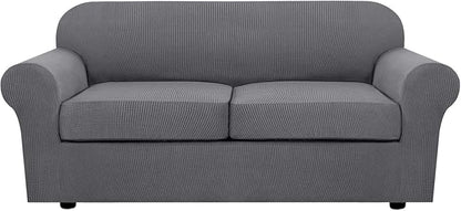 H.VERSAILTEX 3 Piece Stretch Sofa Covers for 2 Cushion Sofa Couch Covers for Living Room Furniture Cover (Base Cover Plus 2 Seat Cushion Covers) Thicker Jacquard Fabric(Large Sofa, Grey)