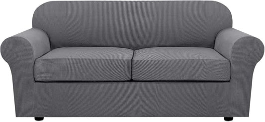 H.VERSAILTEX 3 Piece Stretch Sofa Covers for 2 Cushion Sofa Couch Covers for Living Room Furniture Cover (Base Cover Plus 2 Seat Cushion Covers) Thicker Jacquard Fabric(Large Sofa, Grey)