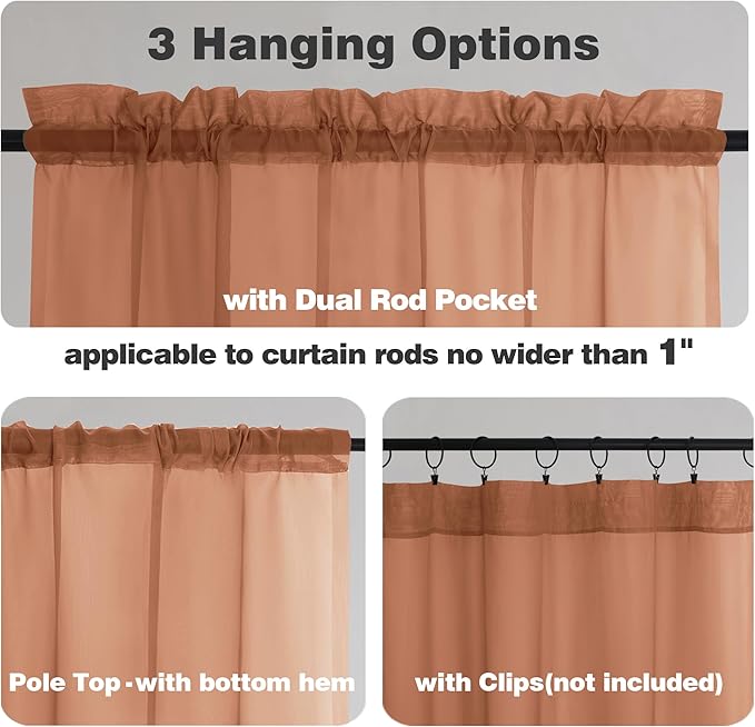 Chyhomenyc Orange Sheer Valances for Windows - Light Filtering Small Kitchen Curtains, Rod Pocket Short Top Window Treatment Decor for Living Room Bathroom Basement, 42Wx16L inches, 2 Panels