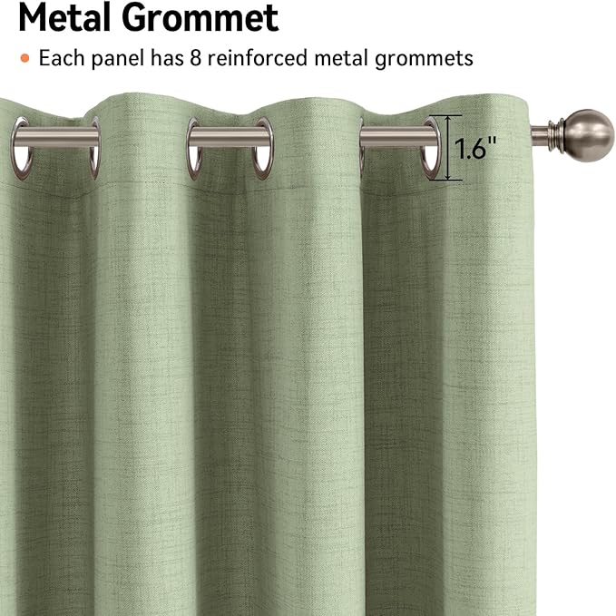 100% Blackout Shield Linen Blackout Curtains for Bedroom, Sage Green Grommet Curtains for Living Room, Thermal Insulated Room Darkening Drapes for Nursery, Boho Home Decor, 50" W x 90" L, 2 Panels