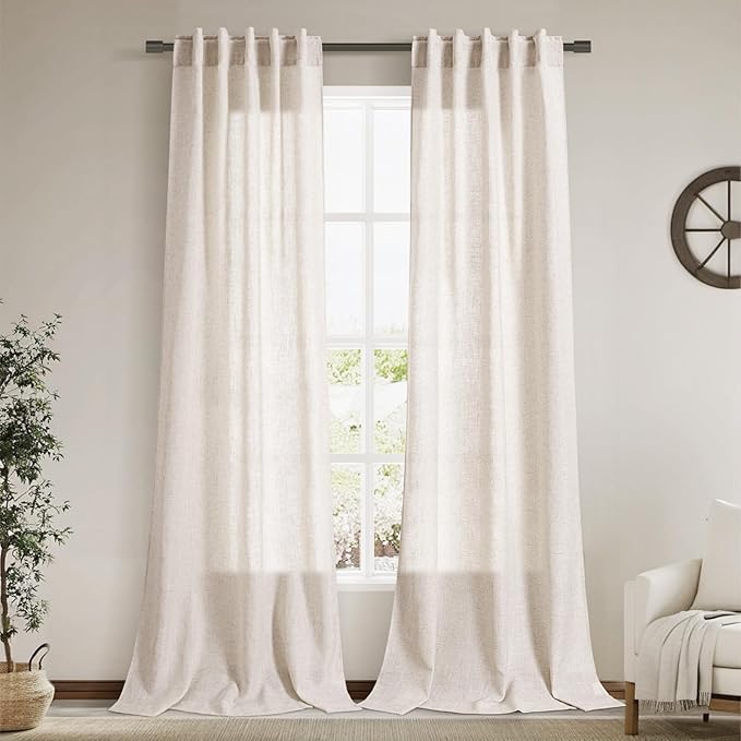 Nanspring Linen 102 Inch Long Curtains for Living Room 2 Panels Back Tab Pocket Semi Sheer Light Filtering Curtains Bohemian Rustic Beige Solid Color Drapes for Sliding Glass Door Bedroom 40x102