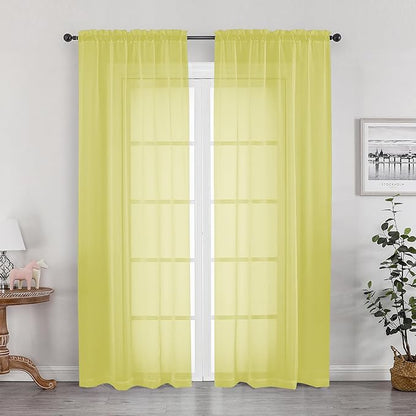 OWENIE Lemon Sheer Curtains for Bedroom Living Room 72 Inches Long 2 Panels Set, Modern Light Filtering Sheer Curtain Rod Pocket Clear Drapes for Window Sliding Door, Lemon, Each 42 x 72 Inch