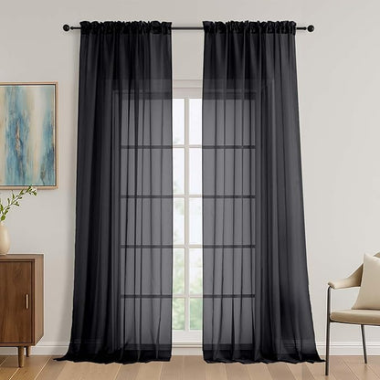OVZME Black Bedroom Curtains 96 Length for Farmhouse, 59 Inch Extra Wide Light Filtering Voile Drapes Light Airy Window Decor for Patio Door Living Room Bedroom Dining, 59Wx96L Inches